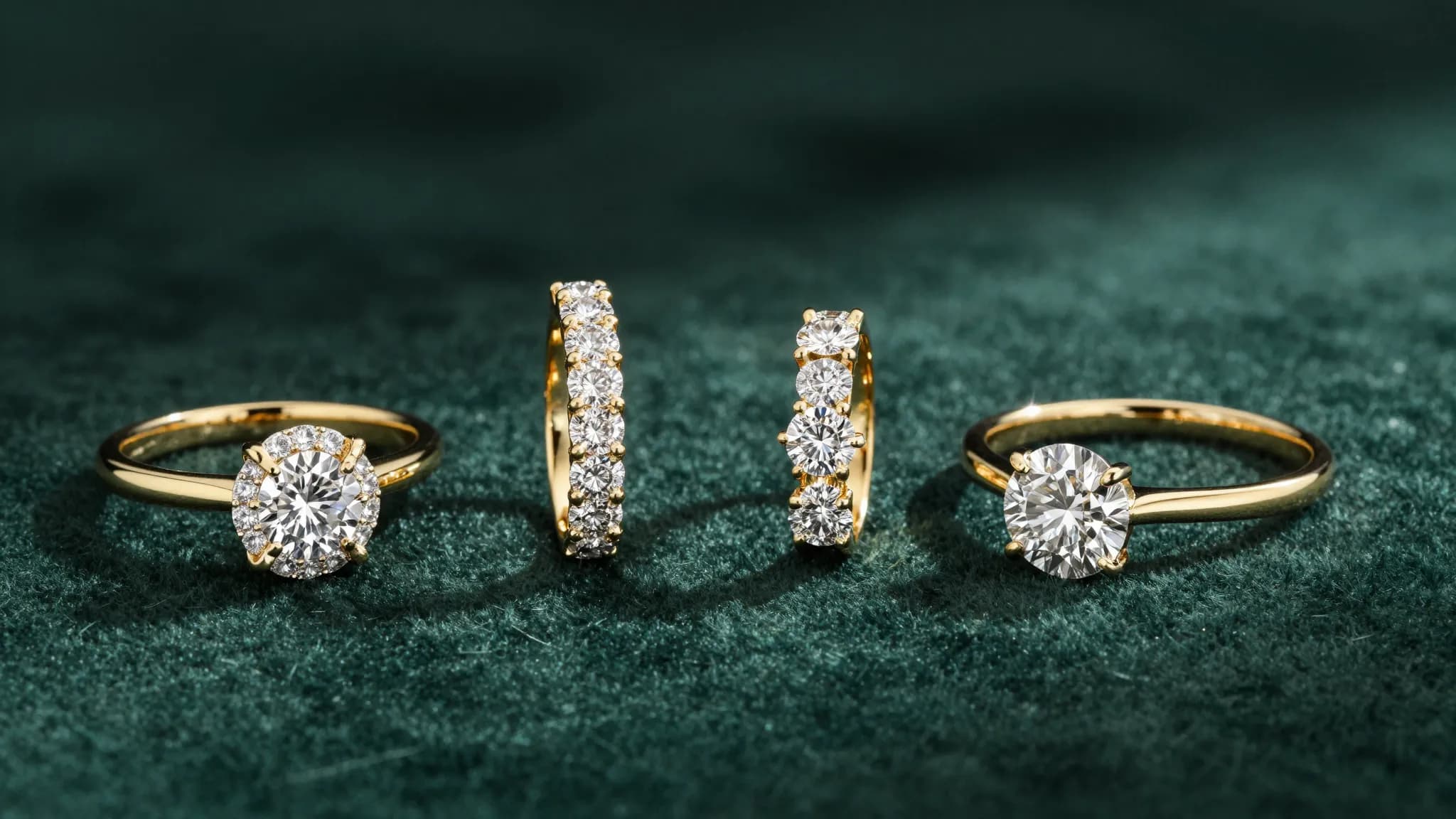 Quatre bagues de fiançailles en or et diamants dressées sur un velours vert profond